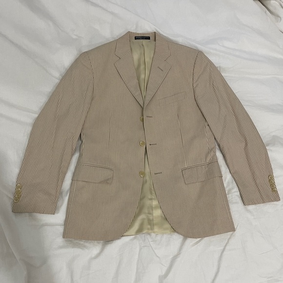Vintage POLO by Ralph Lauren Tan Seersucker 2-Pc Suit Size 38R. Made in Italy.